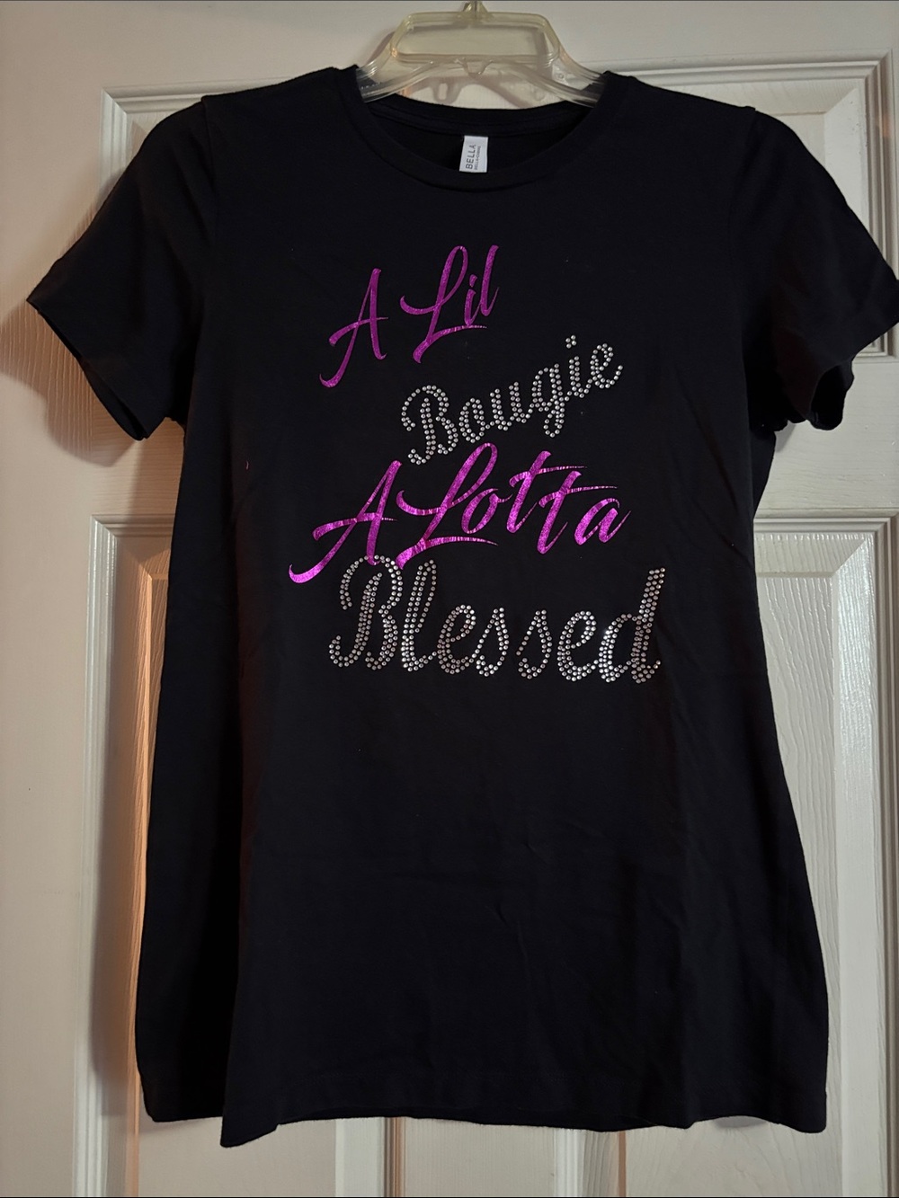 Bella Canvas Black Tee with Pink and Silver Accent Text